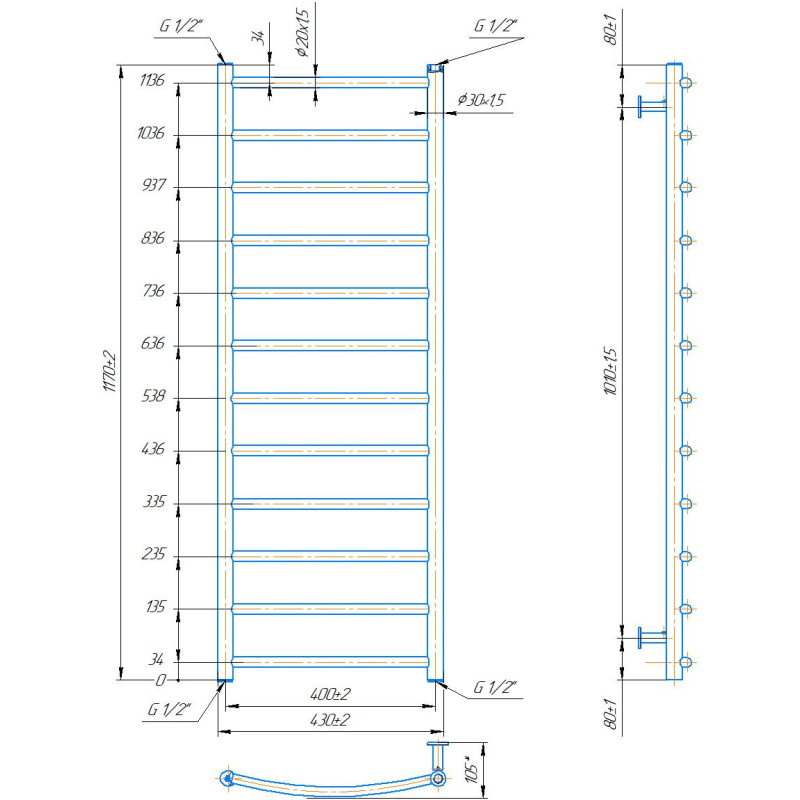Водяна сушка для рушників INOX Класик 1170х430/400 фото 4