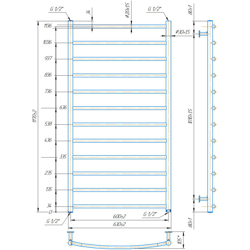 Водяна сушка для рушників INOX Класик 1170х630/600 фото 3