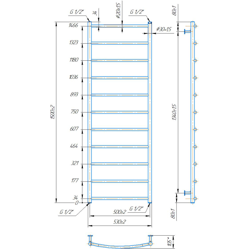 Водяной полотенцесушитель INOX Классик HP 1500х530/500 фото 3