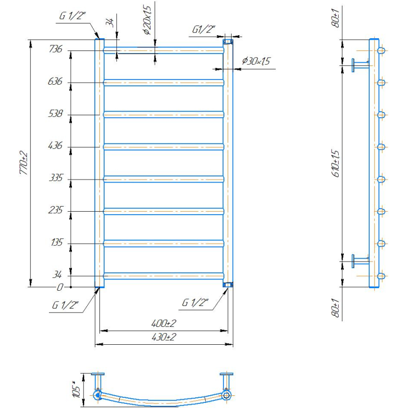 Водяна сушка для рушників INOX Класик 770х430/400 фото 4