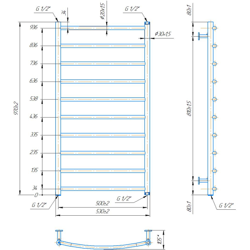 Водяна сушка для рушників INOX Класик 970х530/500 фото 4