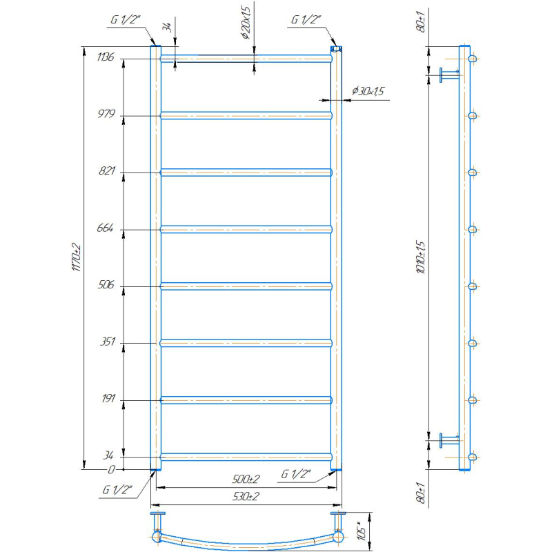 Водяной полотенцесушитель INOX Классик HP 1170х530/500 фото 4
