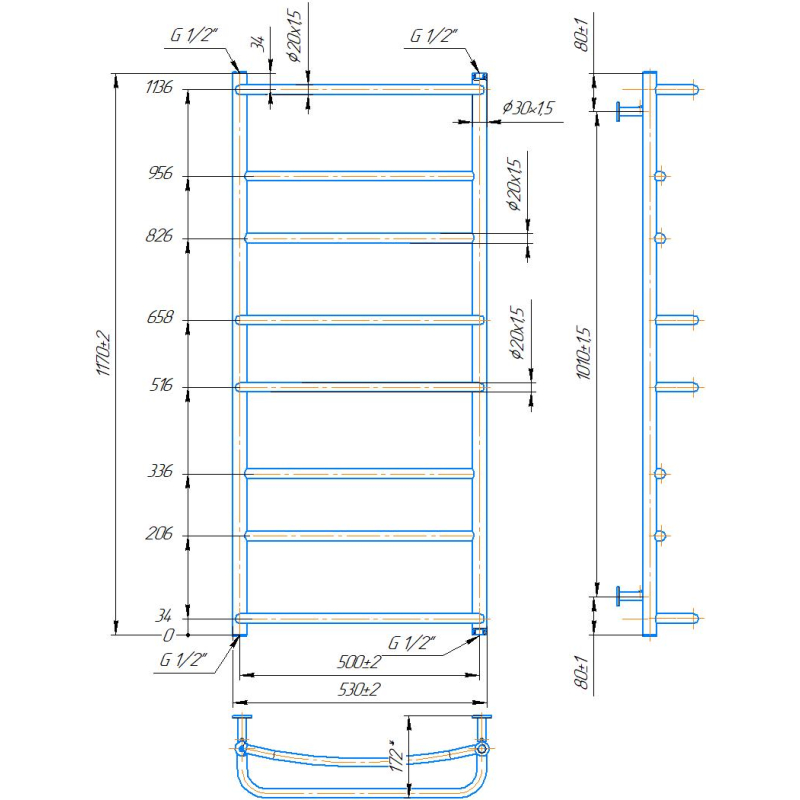 Водяна сушка для рушників INOX Люкс HP 1170х530/500 фото 4