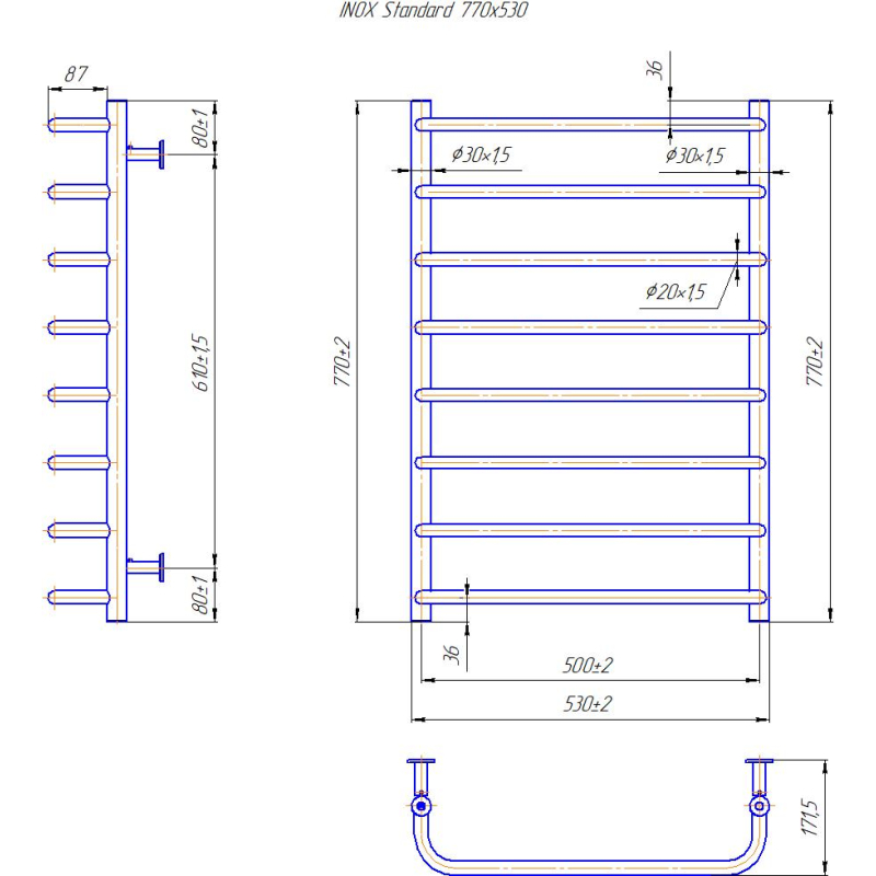 Водяна сушка для рушників INOX Стандарт 770х530/500 фото 4