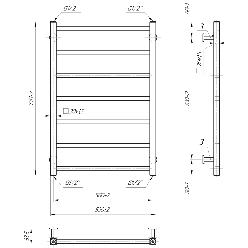 Водяна сушка для рушників INOX Токіо 770х530/500 (Сатин) фото 4