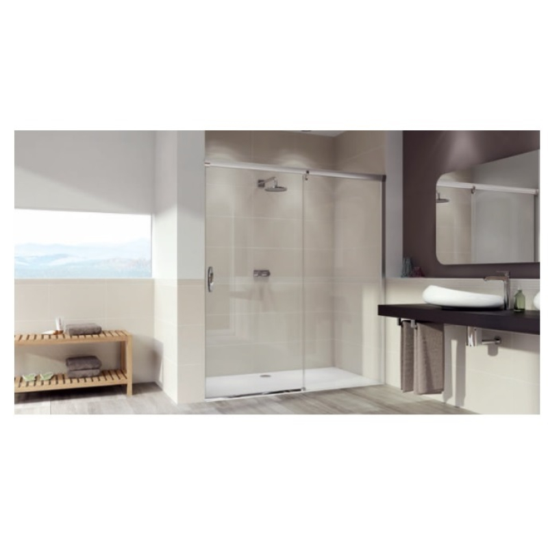 Aura Elegance Розсувні двері з нерухомим сегментом 1400*2000 мм, праві, прозорі/ AntiPlaque, хром фото 1
