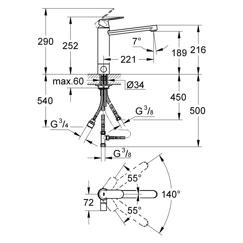 Змішувач одноважільний для мийки Grohe Eurosmart Cosmopolitan з клапаном, хром (30195000) фото 2