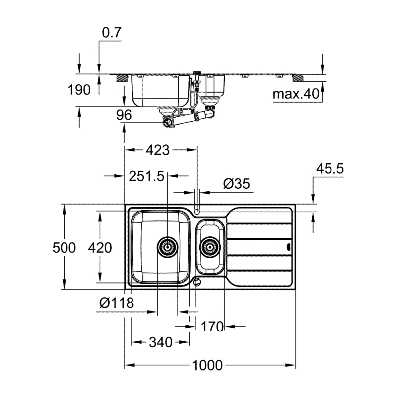 Мойка для кухни 1000 x 500 мм с эксцентриком, 2 чаши, матовая (31572SD1) фото 3