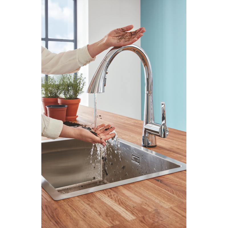 Змішувач кухонний сенсорний з висувним виливом Grohe Zedra Touch, хром (30219001) фото 2