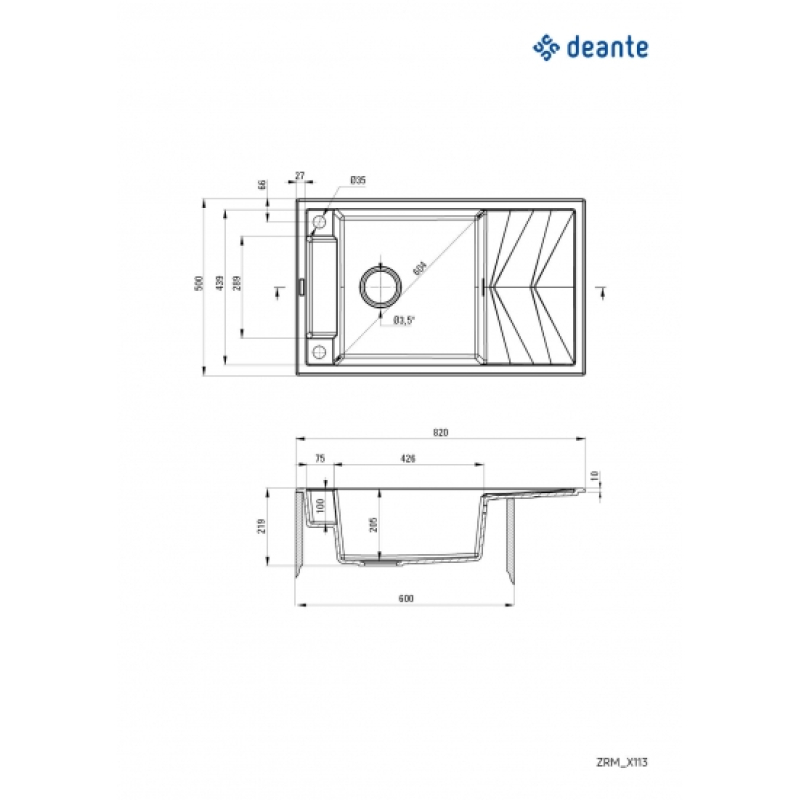 Мойка кухонная Deante Magnetic, гранит, прямоугольник, с крылом, 820х500х219мм, чаша – 1, накладная, металлический графит. фото 6