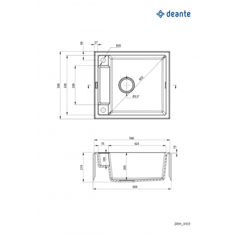 Мойка кухонная Deante Magnetic, гранит, квадрат, без крыла, 560х500х219мм, чаша – 1, накладная, металлический графит фото 3