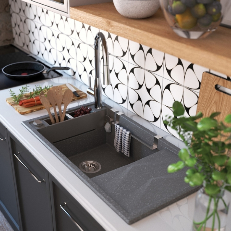 Мойка кухонная Deante Magnetic, гранит, прямоугольная, с крылом, 820х500х219мм, чаша - 1, накладная, антрацит фото 2