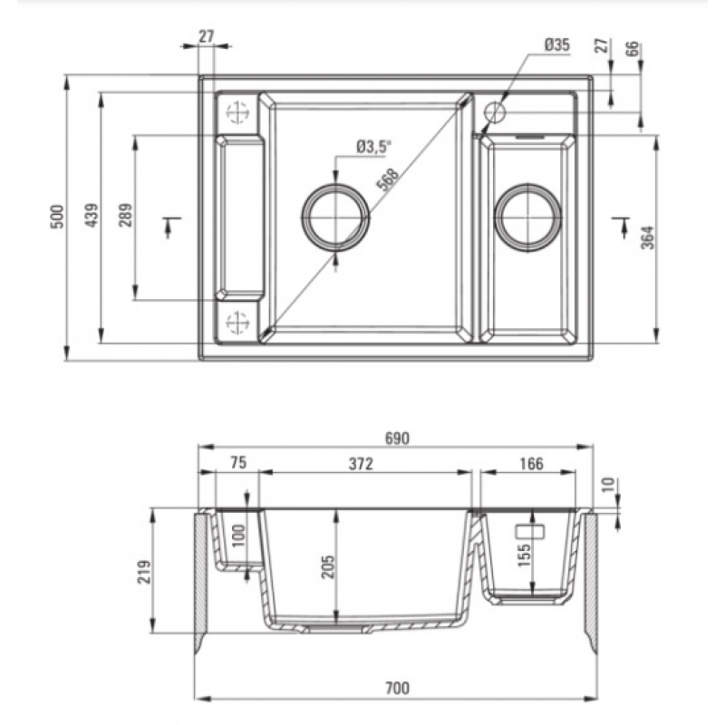 Мойка кухонная Deante Magnetic, гранит, прямоугольная, с крылом, 690х500х219мм, чаша - 1.5, врезная, антрацит фото 4