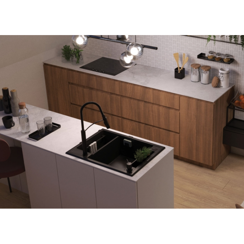 Мойка кухонная Deante Magnetic, гранит, прямоугольник, без крыла, 690х500х219мм, чаша – 1.5, накладная, черный фото 2