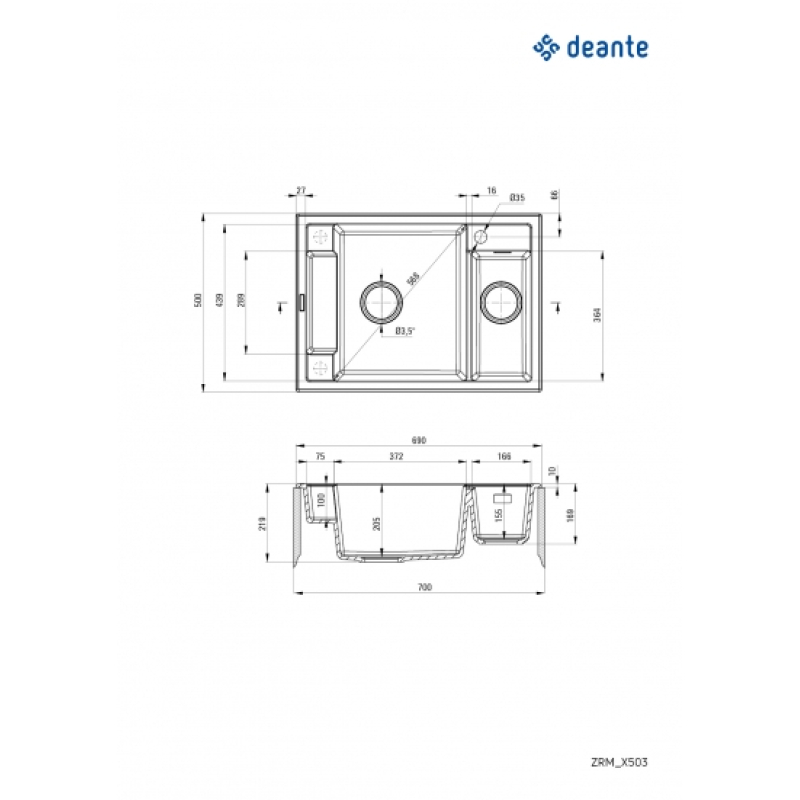 Мойка кухонная Deante Magnetic, гранит, прямоугольник, без крыла, 690х500х219мм, чаша – 1.5, накладная, черный фото 4