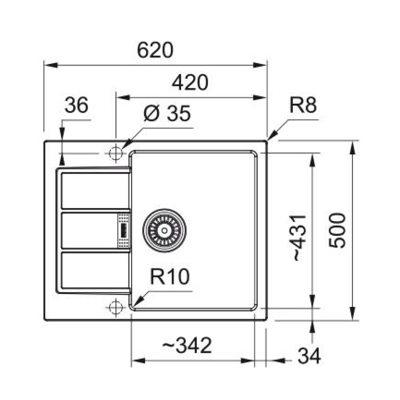 Мийка кухонна Franke Sirius 2 тектонайт, прямокут., з крилом, 620х500х200мм, чаша - 1, врізна, бежевий фото 2