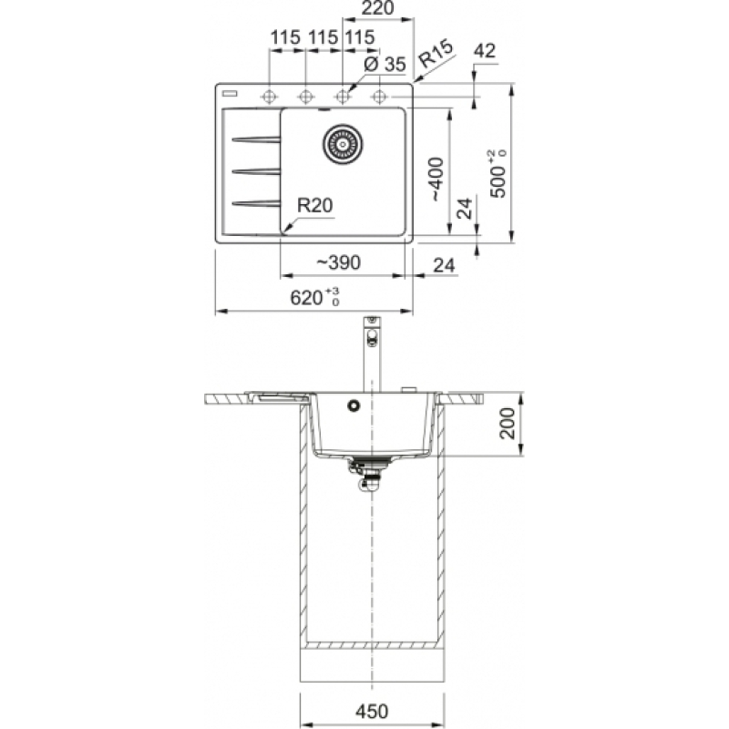 Мойка кухонная Franke Centro, фрагранит, прямоугольник, с крылом, 620х500х200мм, чаша - 1, врезная, CNG 611-62 TL, серый камень фото 2