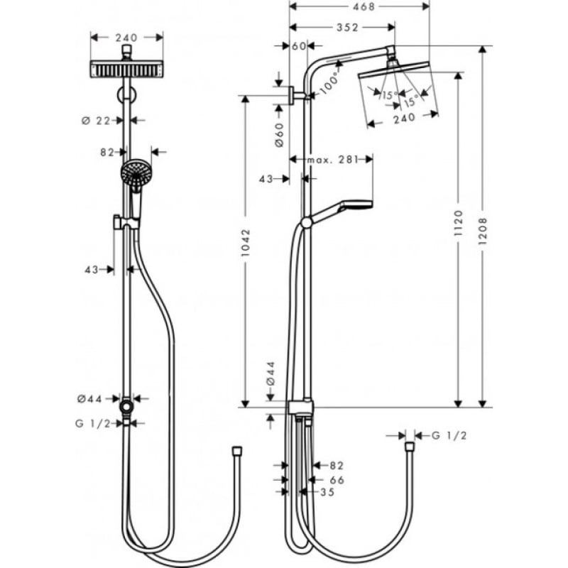 Crometta E240 1 jet Showerpipe Reno EcoSmart Душевая система (верх. душ 240*240мм), хром фото 2