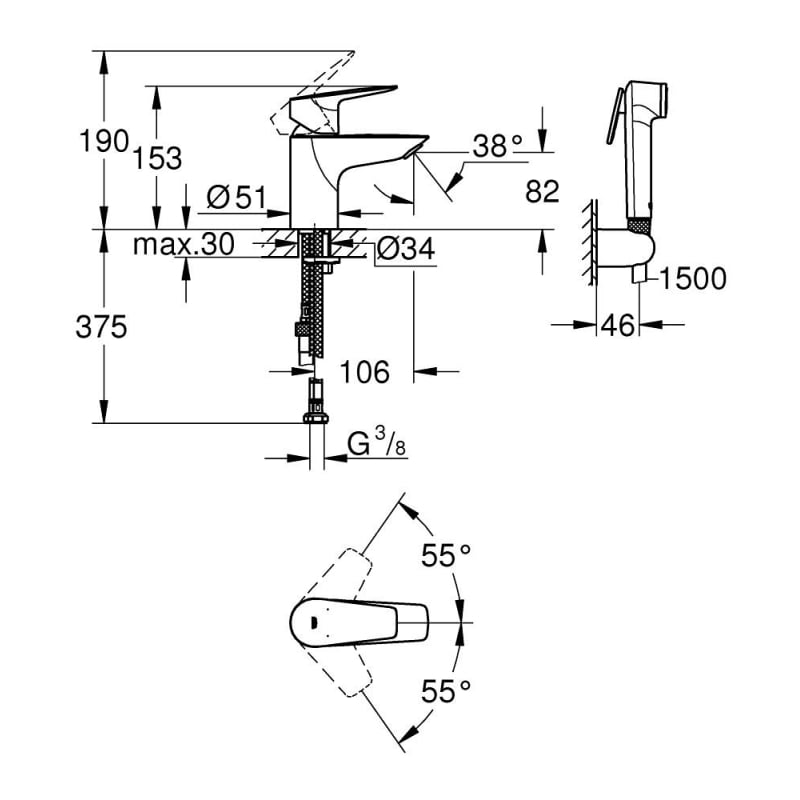 Смеситель для раковины Grohe BauEdge 153 мм с гигиеническим душем, S-Size, хром (23757001) фото 5