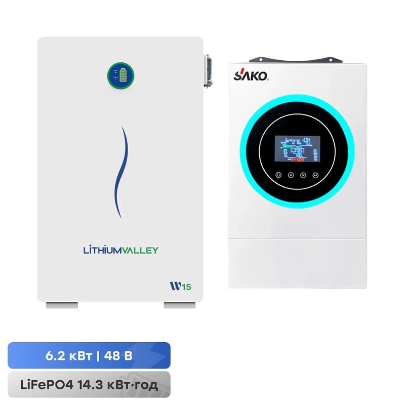 Комплект: інвертор SUNON V 6.5KVA/6200W/48V + акумулятор Lithium Valley W15-5A фото 1