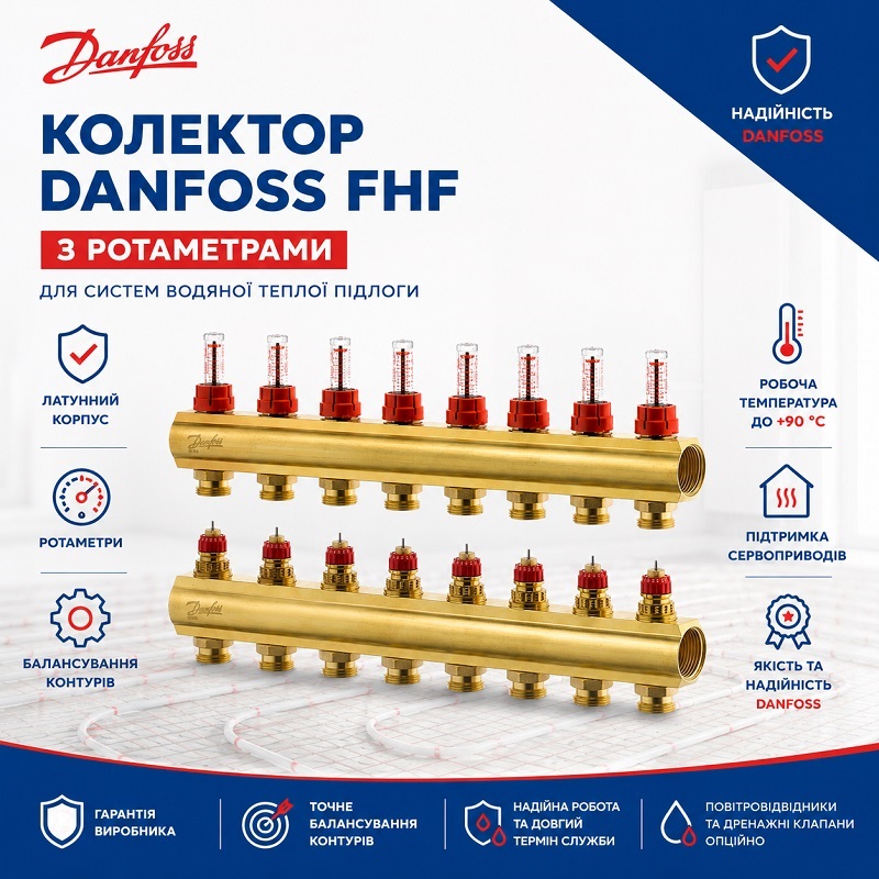 Коллектор Danfoss FHF на 6 контуров с ротаметрами фото 2