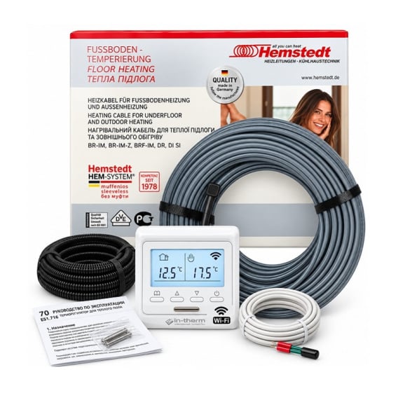 Тонкий нагревательный кабель Hemstedt Di-Si-R 12 м, 150 Вт + Wi-Fi терморегулятор In-Therm E51 фото 1