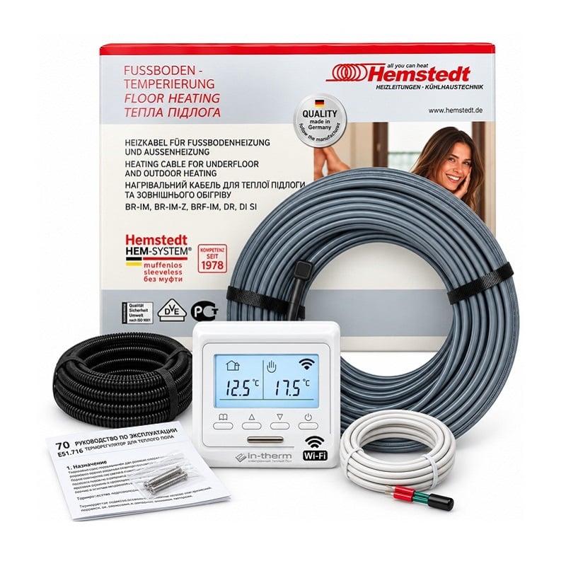 Тонкий нагревательный кабель Hemstedt Di-Si-R 12 м, 150 Вт + Wi-Fi терморегулятор In-Therm E51 фото 1