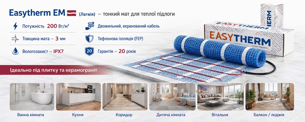 Нагрівальний мат Easytherm EM 200 Вт/м² під плитку та керамограніт