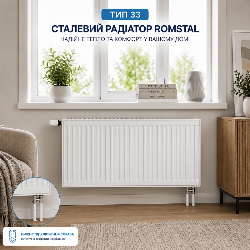 Сталевий радіатор Romstal 33 тип 500x500 мм нижнє підключення фото 2