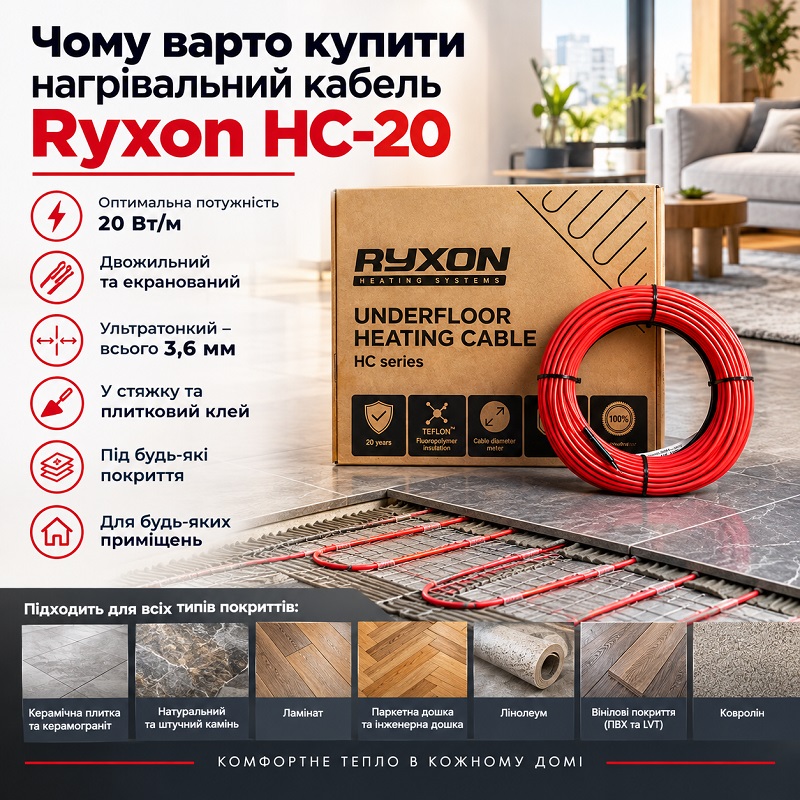 Нагрівальний кабель Ryxon HC-20 – 15 м, 300 Вт фото 2