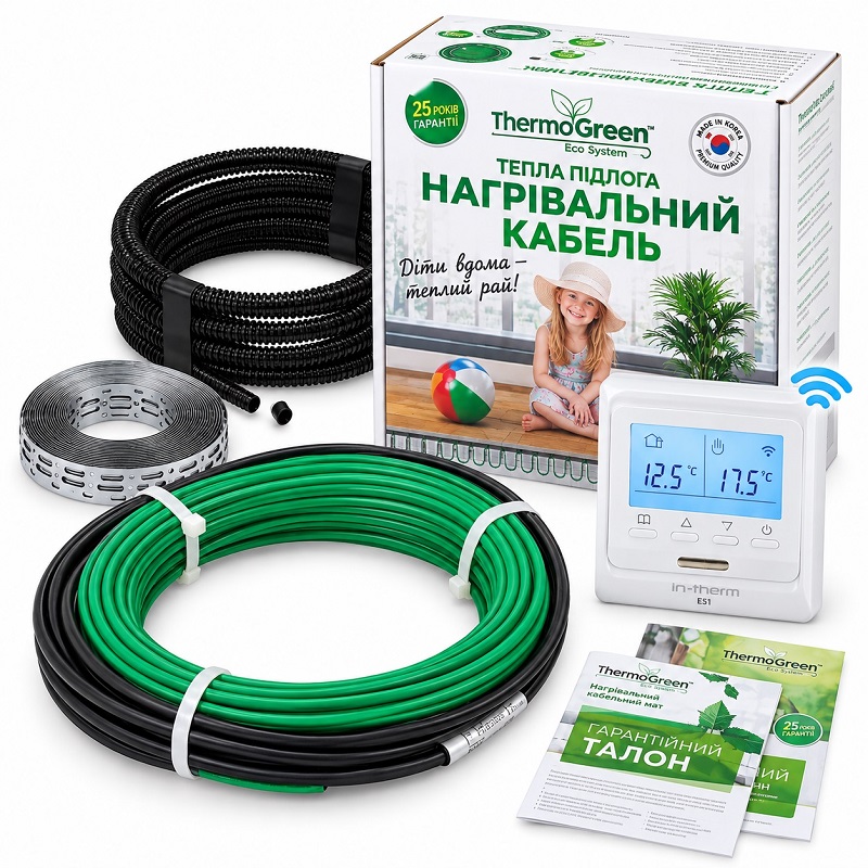 Нагревательный кабель Thermogreen TGCT20, 10 м, 200 Вт + Wi-Fi терморегулятор In-Therm E51 фото 1