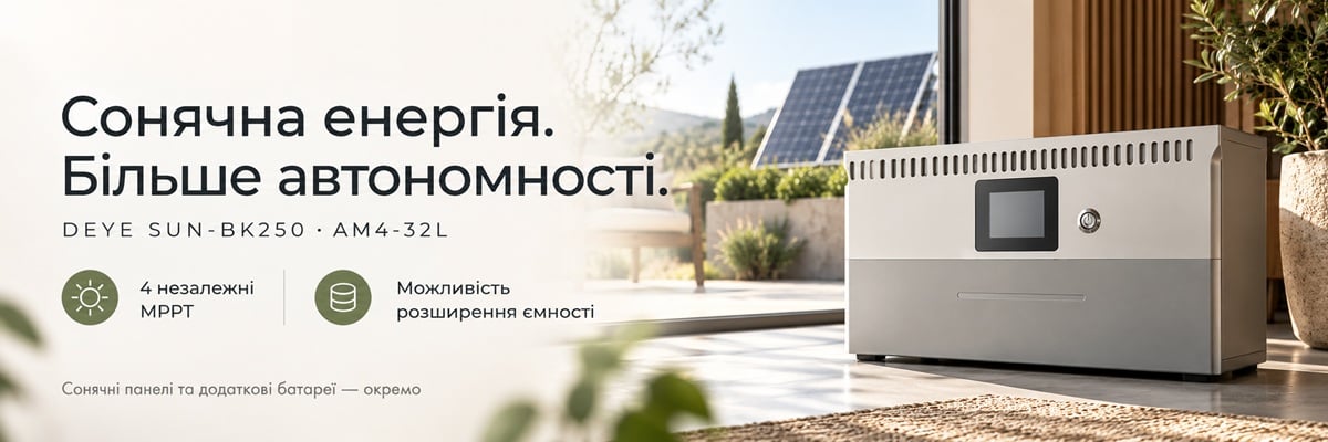 Deye SUN-BK250 AM4-32L на фоне солнечных панелей — 4 MPPT и возможность расширения ёмкости