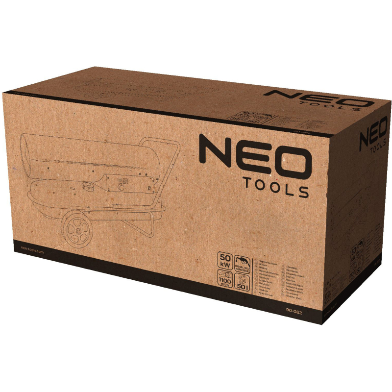 Тепловая пушка дизель/керосин Neo Tools, прямого нагрева, 50кВт, 720м кв, 1100м куб/ч, колеса, IPX4, черный фото 9
