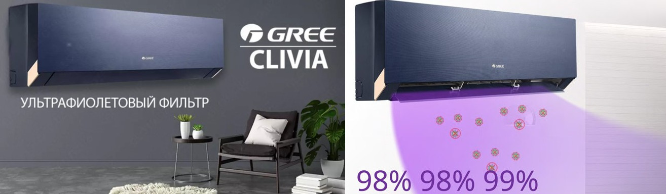 Кондиционер Gree Clivia Inverter blue УФ-стерилизация + Cold plazma Кондиционер Gree серии Clivia Inverter blue эффективные системы очистки