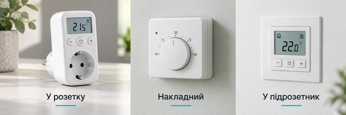 Розеточный, накладной и встраиваемый терморегуляторы для обогревателей
