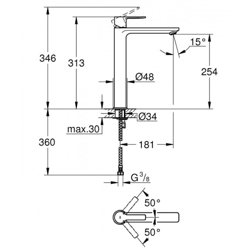Змішувач одноважільний для раковини Grohe Lineare New XL-Size 313 мм, хром (23405001) фото 3