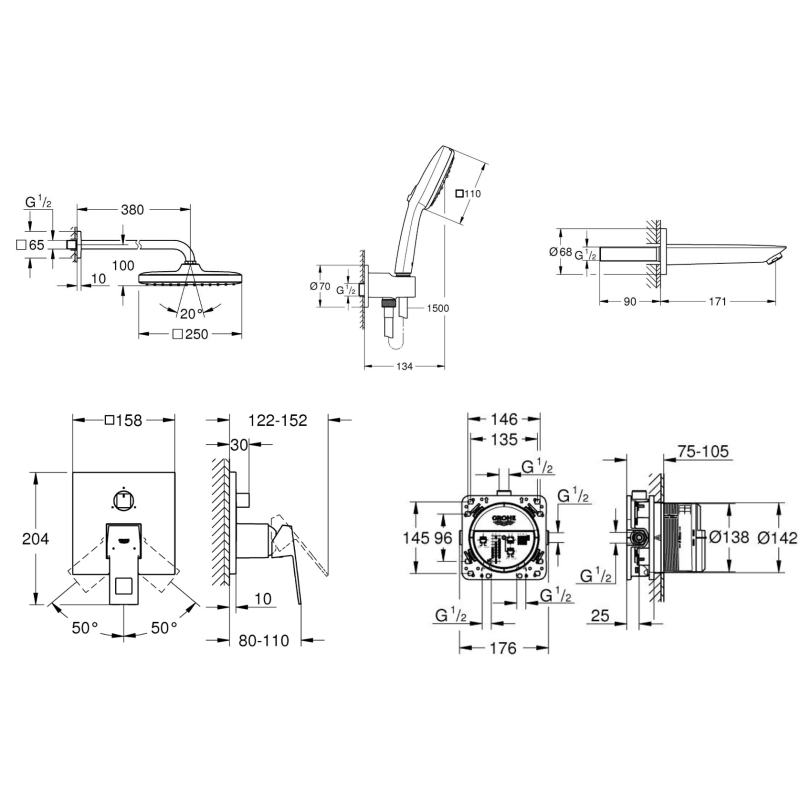 Душова система прихованого монтажу зі змішувачем з виливом Eurocube UA26417SC0, хром(ФН) фото 5