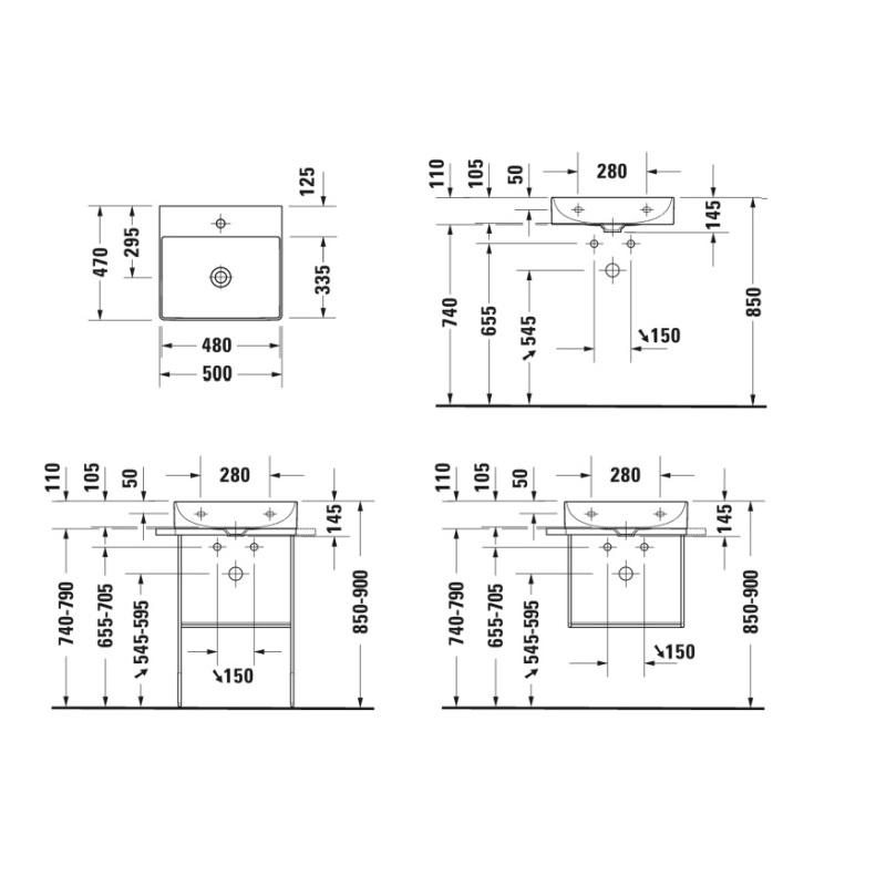 DuraSquare Раковина прямоугольная мебельная/подвесная, 500*470 мм, с отваром для смесителя, без перелива, фото 4