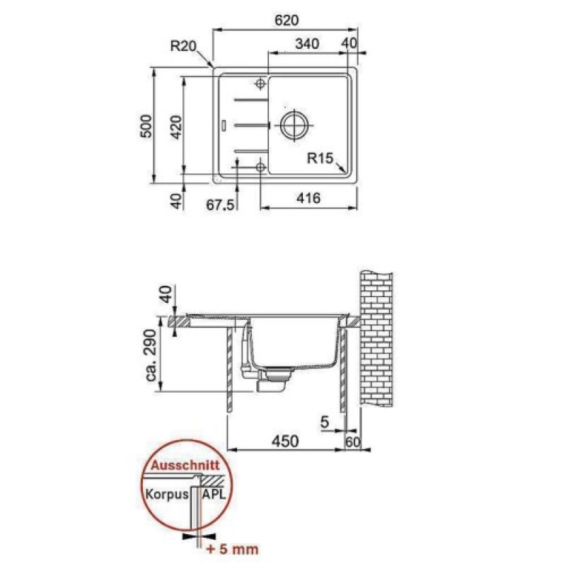 Мийка кухонна Franke Basis, фраграніт, прямокутник, з крилом, 620х500х200мм, чаша - 1, накладна, BFG 611-62, білий фото 2