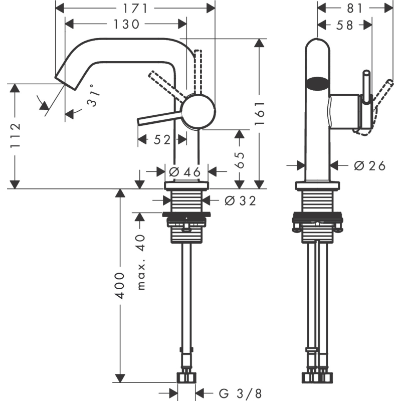 73320670 Tecturis S 110 Смеситель для раковины 161 мм с донным клапаном push-open, черный матовый фото 5