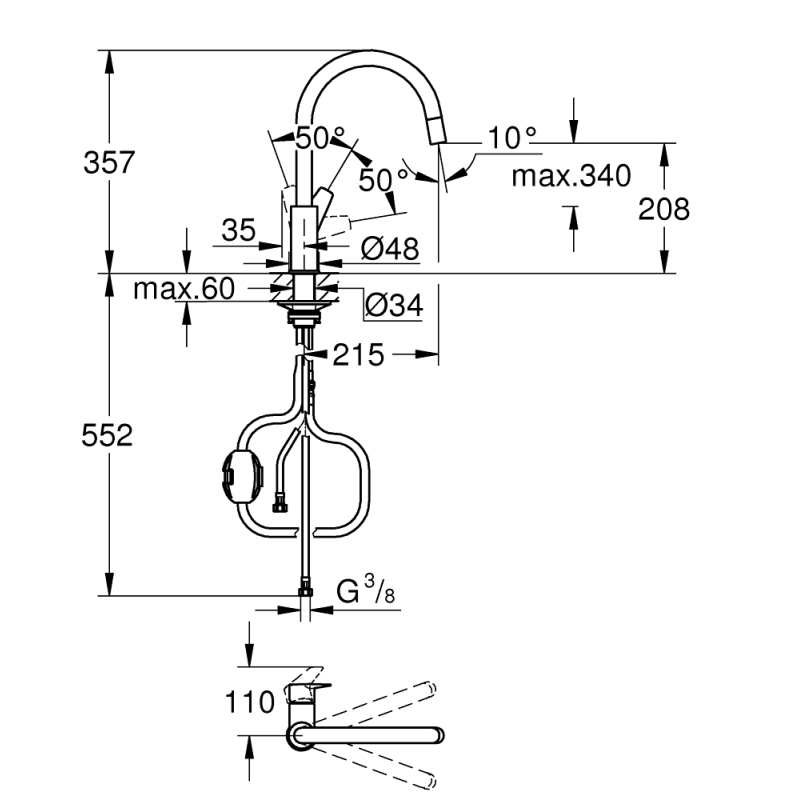 Змішувач кухонний одноважільний Grohe BauEdge New, хром (30536000) фото 5