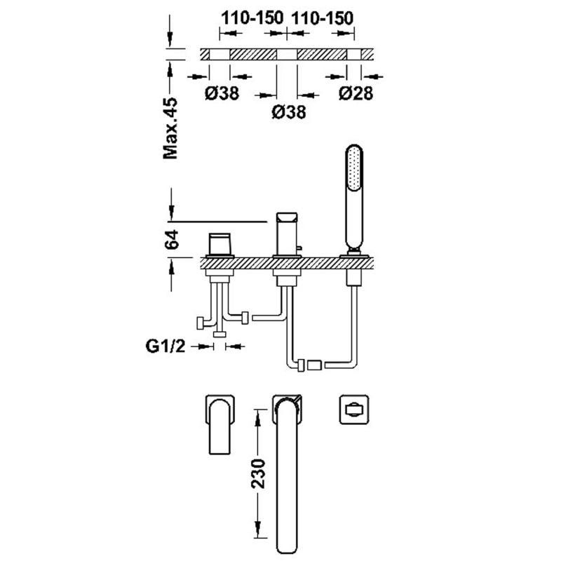 Loft Смеситель для ванны врезной на 3 отверстия, излив 220 мм, черный матовый. фото 2