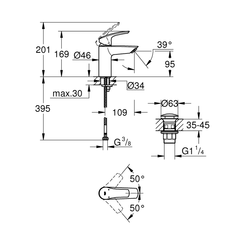 Смеситель для раковины Grohe Eurosmart New с донным клапаном S-Size, хром (23922003) фото 4