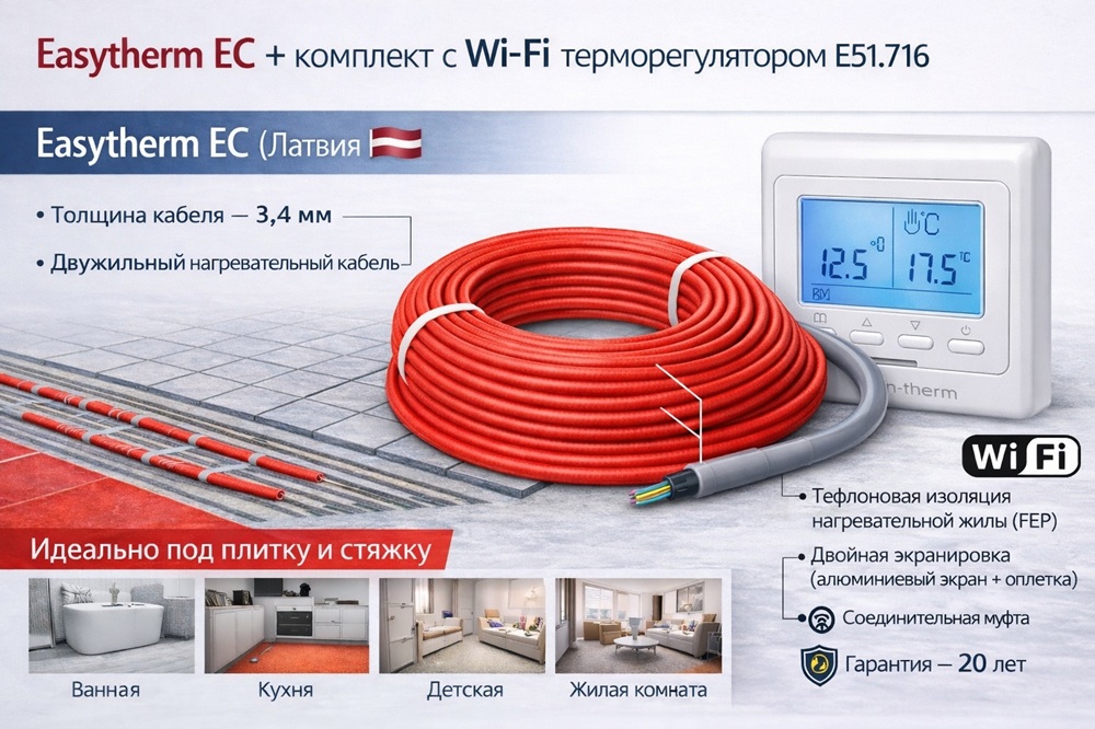 Комплект нагревательного кабеля Easytherm с wi-fi терморегулятором