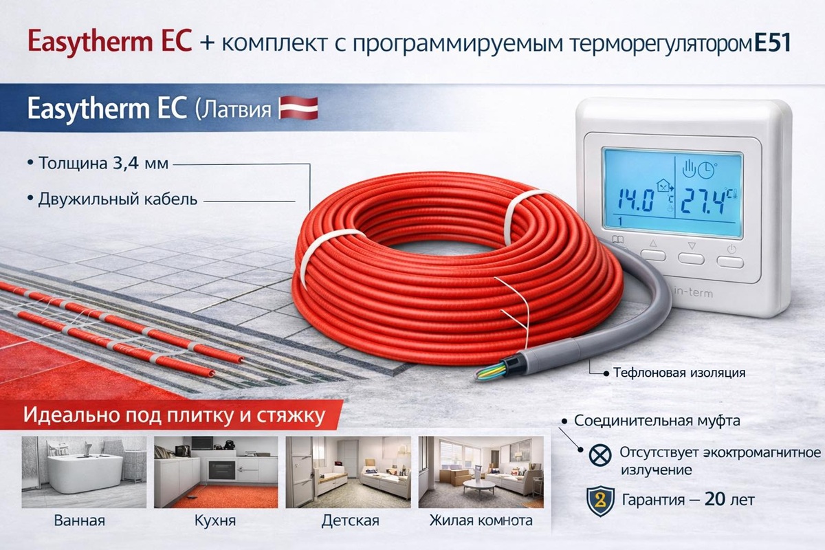Применения и преимущества нагревательного кабеля Easytherm Easycable Комплект нагревательного кабеля Easytherm с программируемым терморегулятором