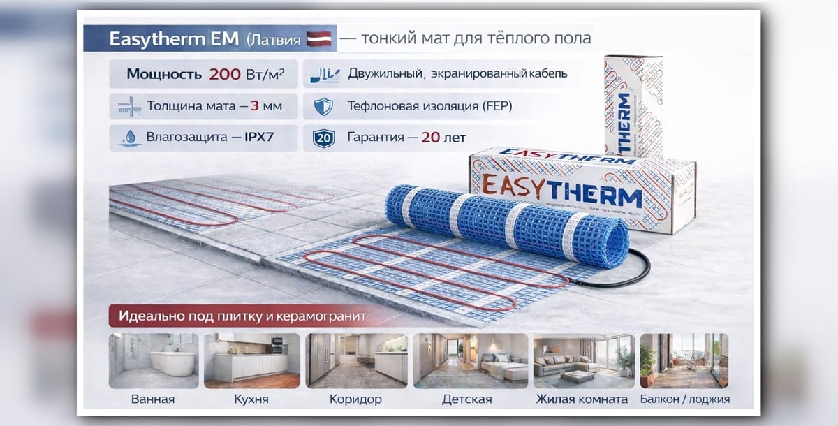 Нагревательный мат Easytherm EM — тонкий тёплый пол 200 Вт/м² Нагревательный мат Easytherm EM 200 Вт/м² под плитку и керамогранит, Латвия