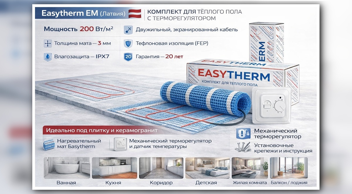 Комплект нагревательного мата Easytherm с механическим терморегулятором Нагревательного мата Easytherm с механическим терморегулятором - комплект