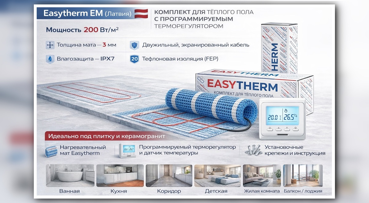Нагревательный мат Easytherm с программируемым терморегулятором - комплект теплого пола под плитку