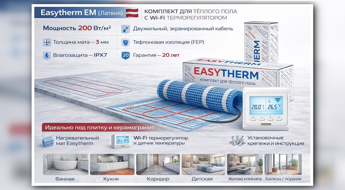Комплект теплого пола Easytherm с wi-fi терморегулятором Нагревательный мат Easytherm в комплекте с wi-fi терморегулятором в комплекте