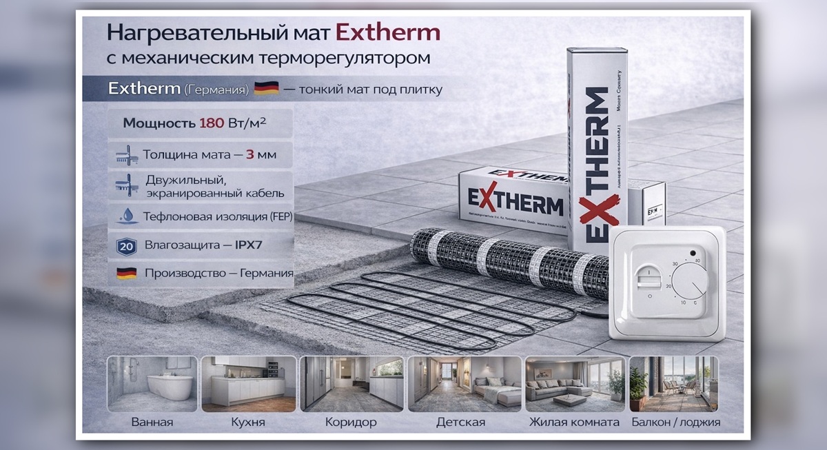 Нагревательный мат Extherm с механическим терморегулятором под плитку, 180 Вт/м², Германия